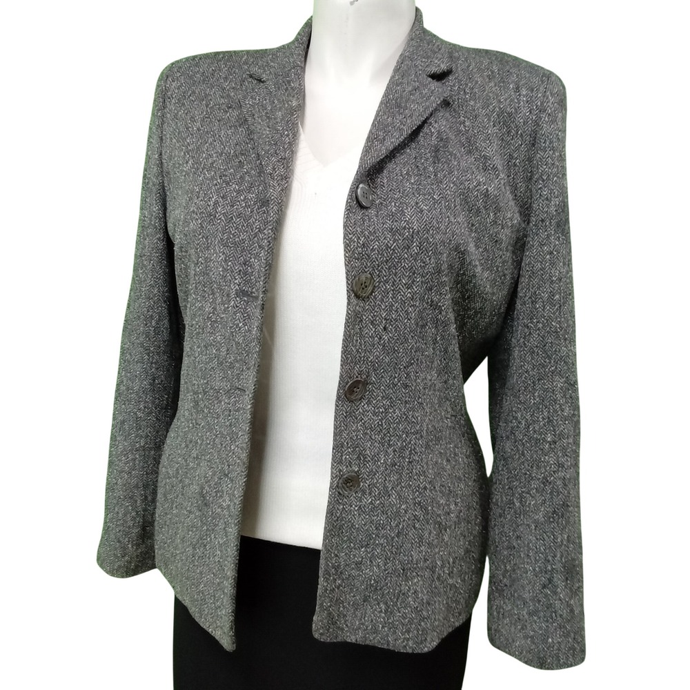 Josephine Chaus Herringbone Blazer 12‎ Grey Black Silk Wool Button Jacket Career